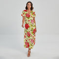 Red Pink Rose Floral Pattern Print Short Sleeve Maxi Dress