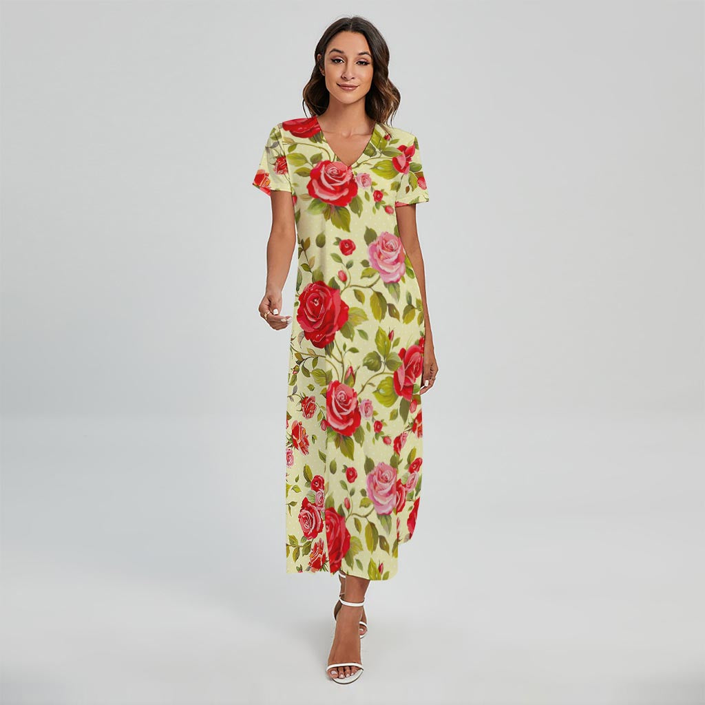 Red Pink Rose Floral Pattern Print Short Sleeve Maxi Dress