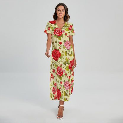 Red Pink Rose Floral Pattern Print Short Sleeve Maxi Dress