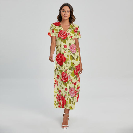 Red Pink Rose Floral Pattern Print Short Sleeve Maxi Dress