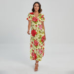 Red Pink Rose Floral Pattern Print Short Sleeve Maxi Dress