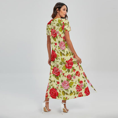 Red Pink Rose Floral Pattern Print Short Sleeve Maxi Dress