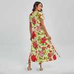 Red Pink Rose Floral Pattern Print Short Sleeve Maxi Dress