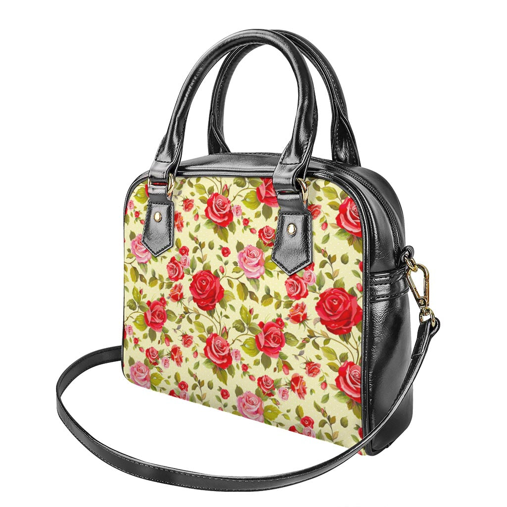 Red Pink Rose Floral Pattern Print Shoulder Handbag