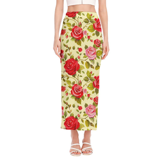 Red Pink Rose Floral Pattern Print Side Slit Maxi Skirt