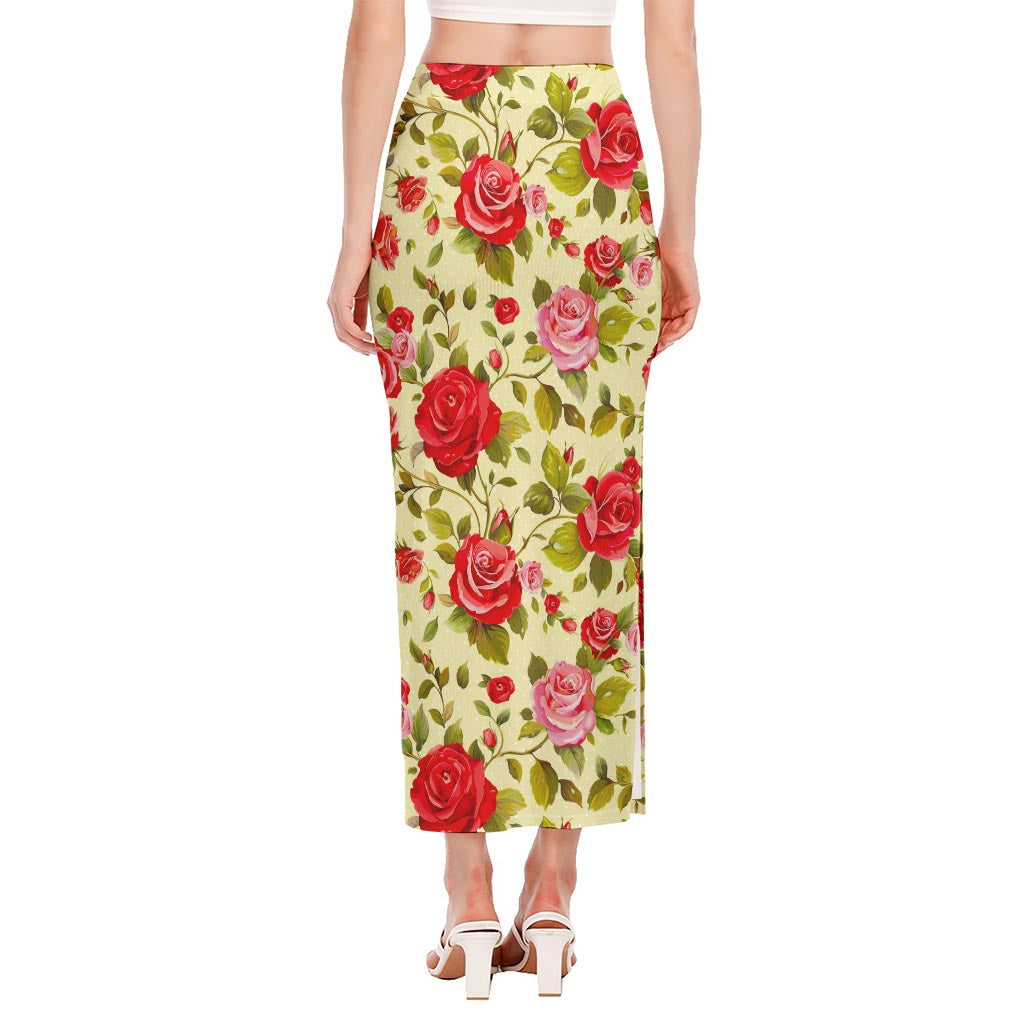 Red Pink Rose Floral Pattern Print Side Slit Maxi Skirt