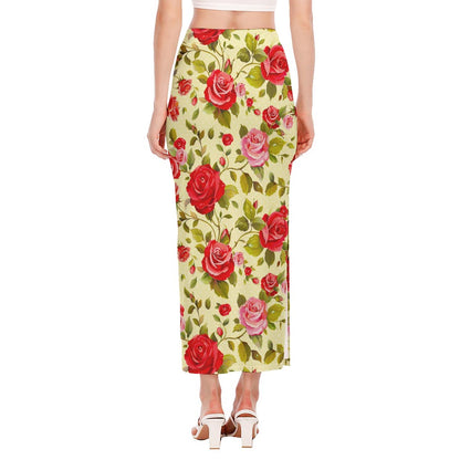 Red Pink Rose Floral Pattern Print Side Slit Maxi Skirt