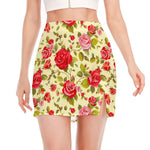 Red Pink Rose Floral Pattern Print Side Slit Mini Skirt