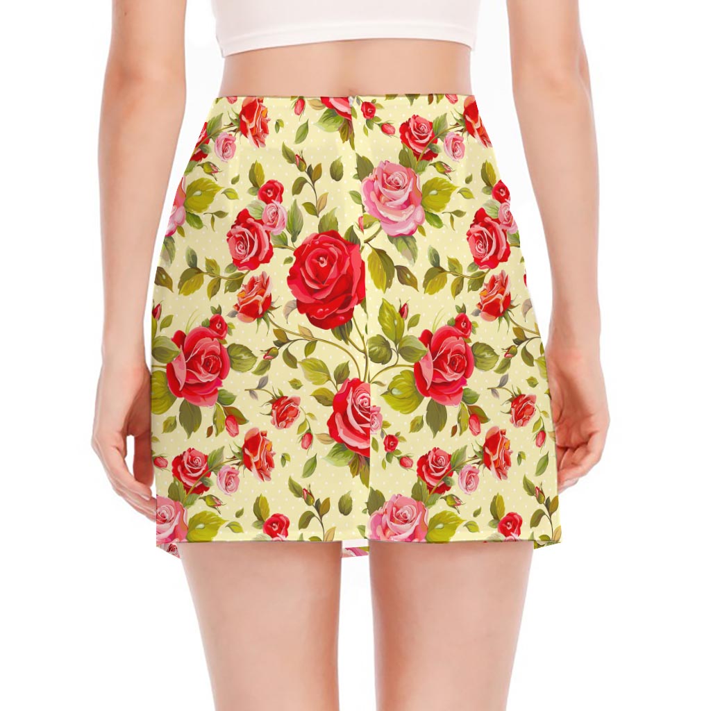 Red Pink Rose Floral Pattern Print Side Slit Mini Skirt