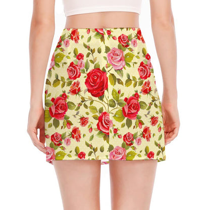 Red Pink Rose Floral Pattern Print Side Slit Mini Skirt