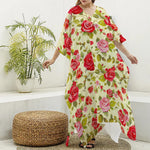 Red Pink Rose Floral Pattern Print Silk V-Neck Kaftan Dress