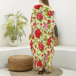Red Pink Rose Floral Pattern Print Silk V-Neck Kaftan Dress