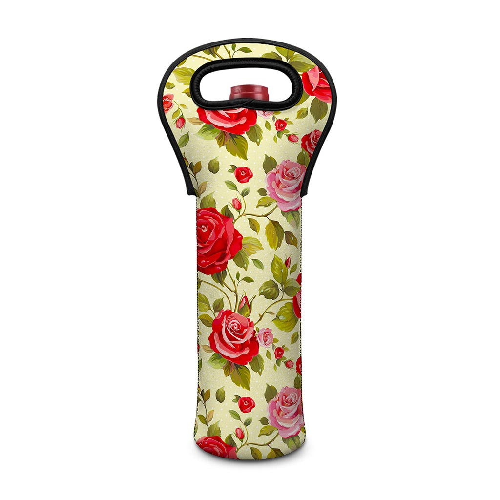 Red Pink Rose Floral Pattern Print Single Neoprene Wine Tote