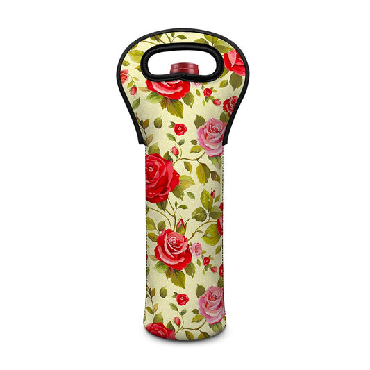 Red Pink Rose Floral Pattern Print Single Neoprene Wine Tote