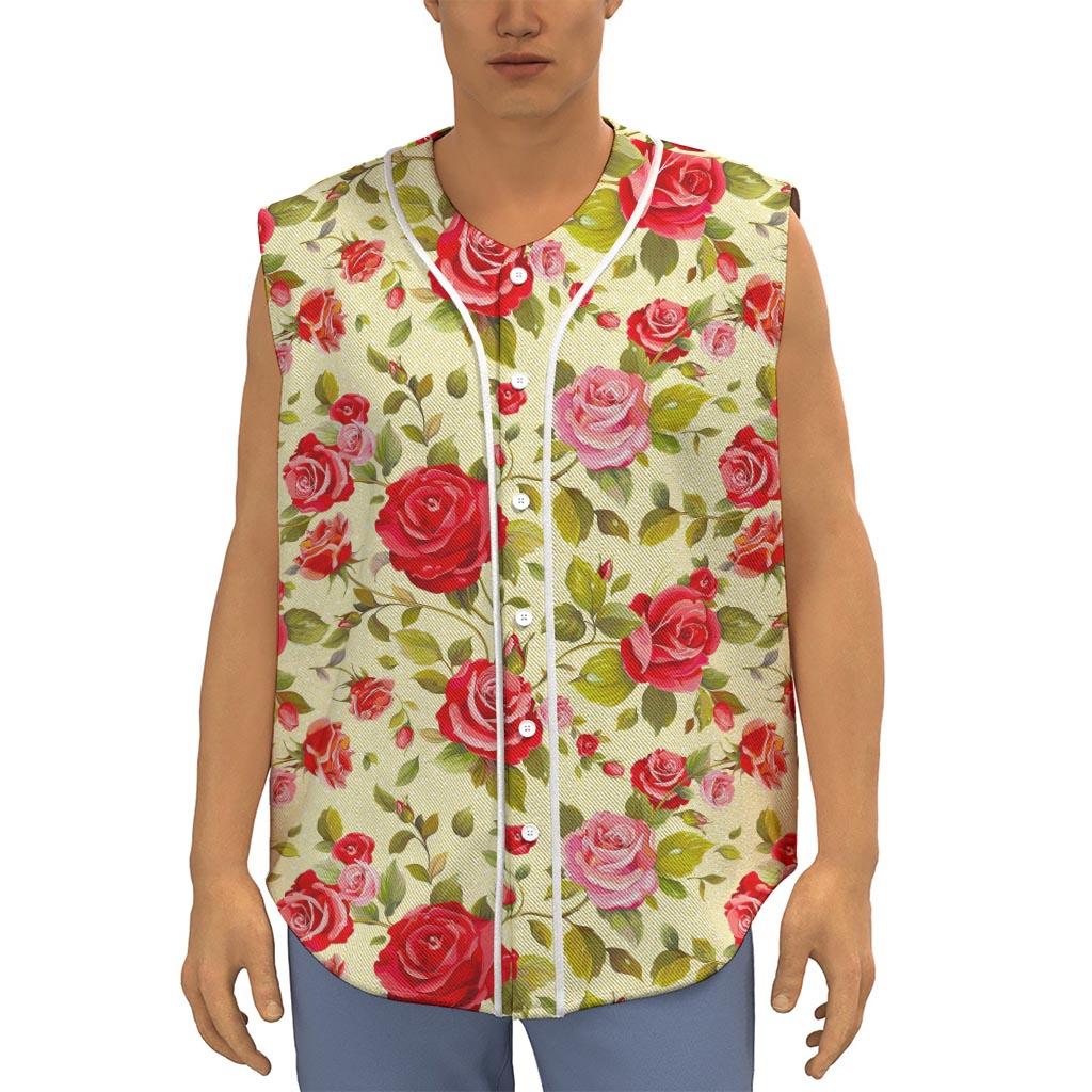 Red Pink Rose Floral Pattern Print Sleeveless Baseball Jersey