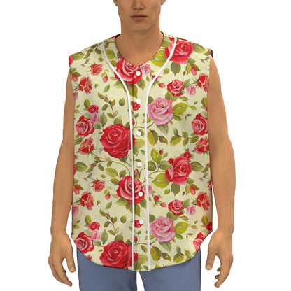 Red Pink Rose Floral Pattern Print Sleeveless Baseball Jersey