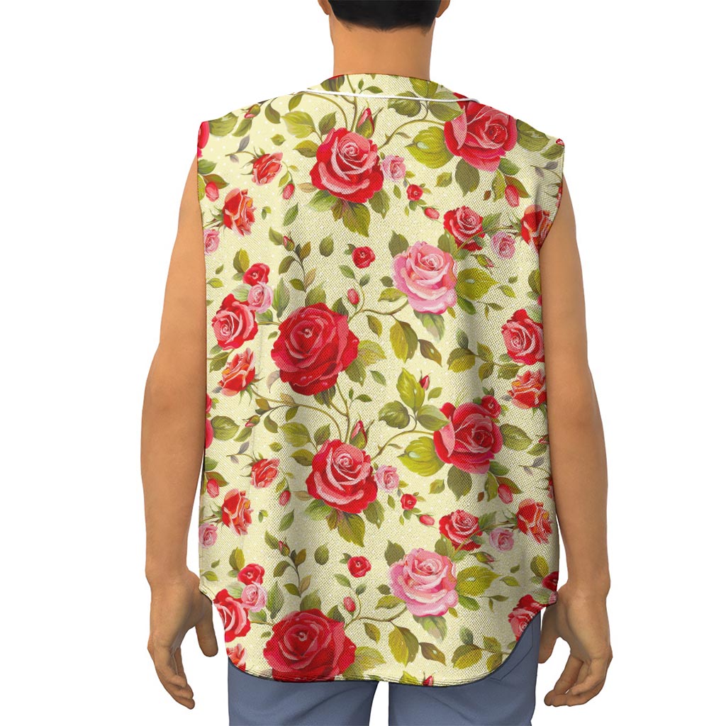 Red Pink Rose Floral Pattern Print Sleeveless Baseball Jersey