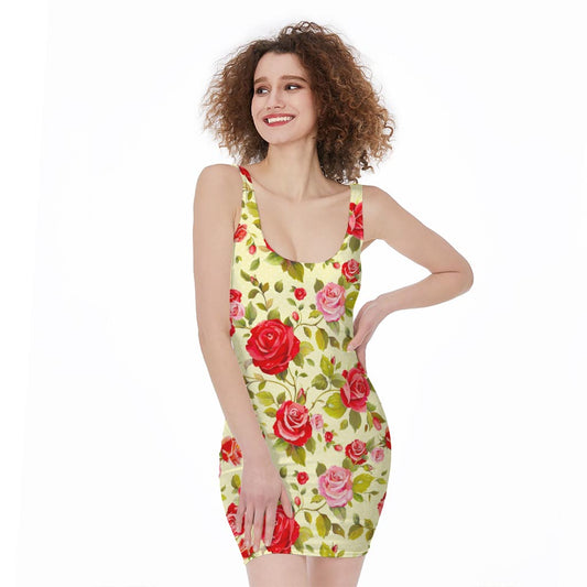 Red Pink Rose Floral Pattern Print Sleeveless Bodycon Dress