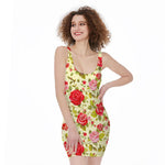 Red Pink Rose Floral Pattern Print Sleeveless Bodycon Dress