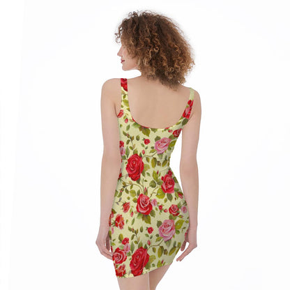 Red Pink Rose Floral Pattern Print Sleeveless Bodycon Dress