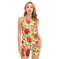Red Pink Rose Floral Pattern Print Sleeveless One Piece Swimsuit