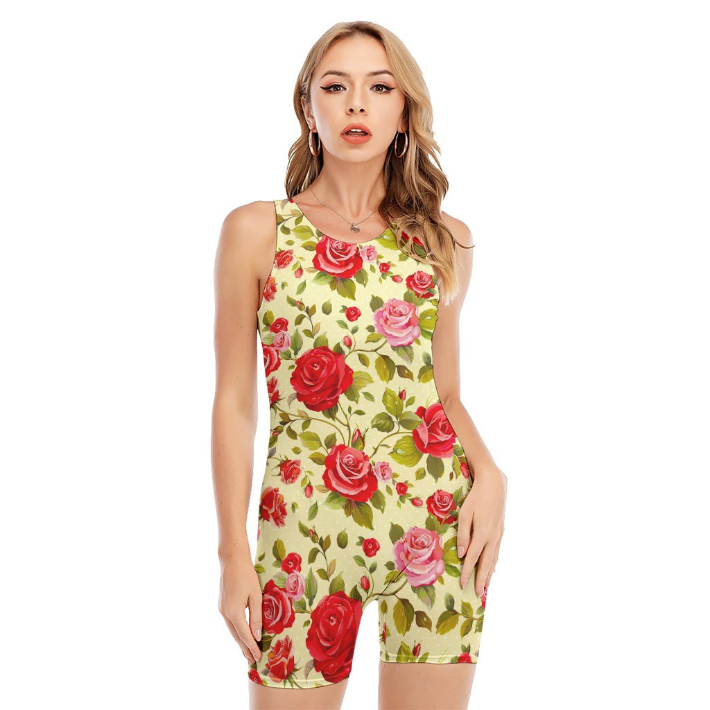 Red Pink Rose Floral Pattern Print Sleeveless One Piece Swimsuit
