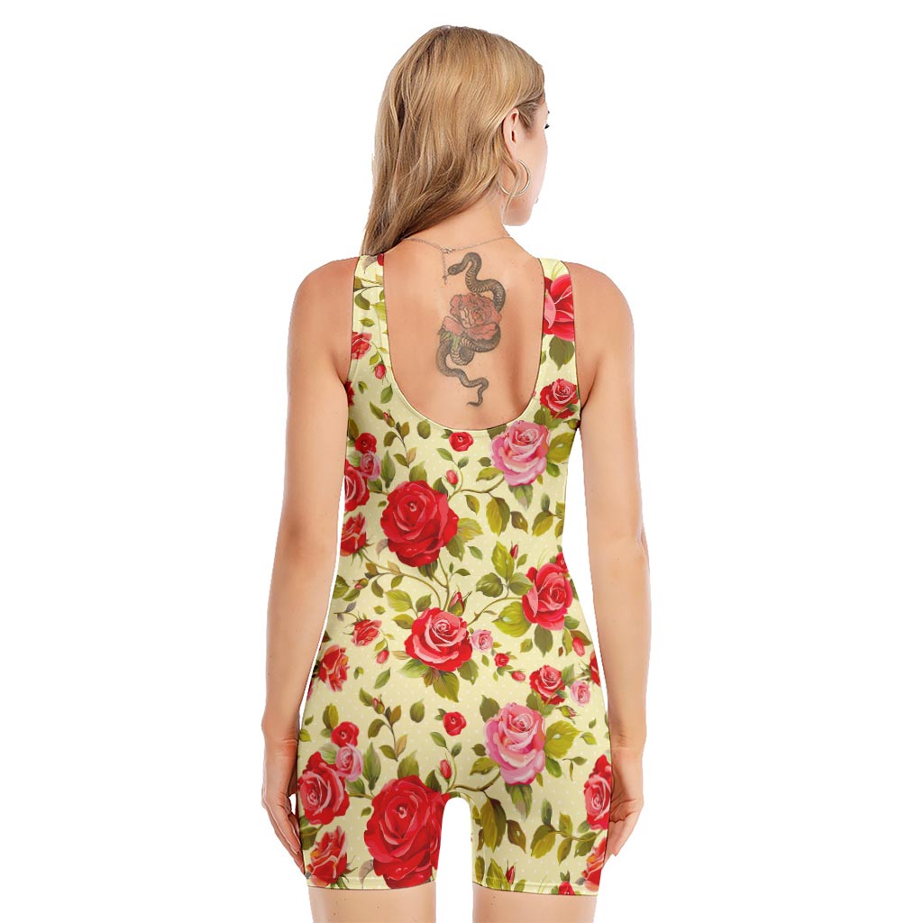 Red Pink Rose Floral Pattern Print Sleeveless One Piece Swimsuit