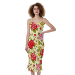 Red Pink Rose Floral Pattern Print Slim Fit Midi Cami Dress