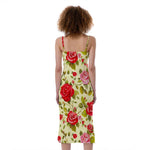 Red Pink Rose Floral Pattern Print Slim Fit Midi Cami Dress