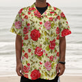 Red Pink Rose Floral Pattern Print Textured Short Sleeve Shirt