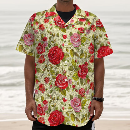 Red Pink Rose Floral Pattern Print Textured Short Sleeve Shirt