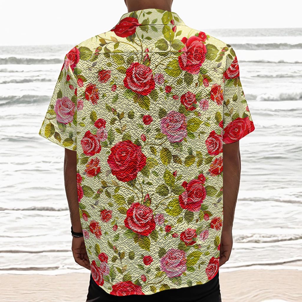 Red Pink Rose Floral Pattern Print Textured Short Sleeve Shirt