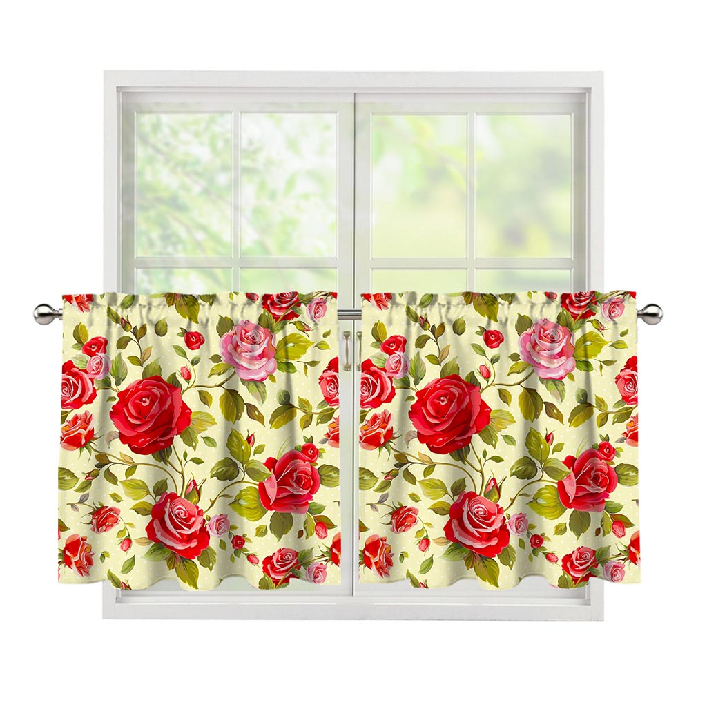 Red Pink Rose Floral Pattern Print Tier Curtains
