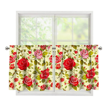 Red Pink Rose Floral Pattern Print Tier Curtains