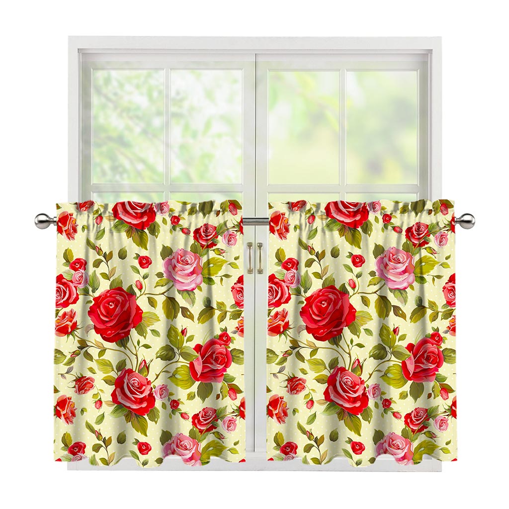 Red Pink Rose Floral Pattern Print Tier Curtains