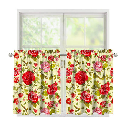 Red Pink Rose Floral Pattern Print Tier Curtains