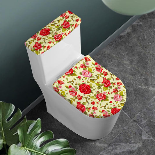 Red Pink Rose Floral Pattern Print Toilet Lid And Tank Cover Set