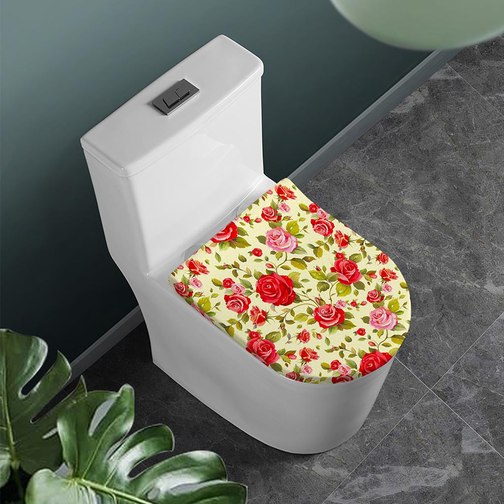 Red Pink Rose Floral Pattern Print Toilet Lid Cover