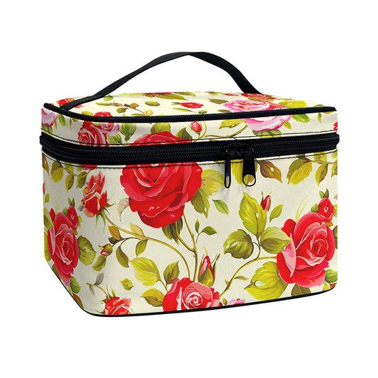 Red Pink Rose Floral Pattern Print Travel Makeup Bag