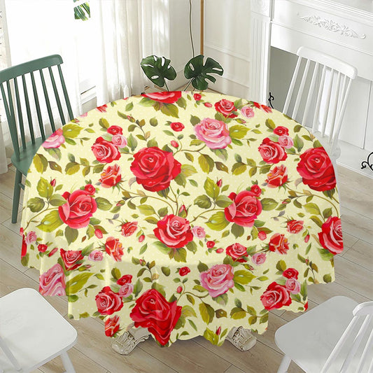 Red Pink Rose Floral Pattern Print Waterproof Round Tablecloth