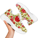 Red Pink Rose Floral Pattern Print White Chunky Shoes