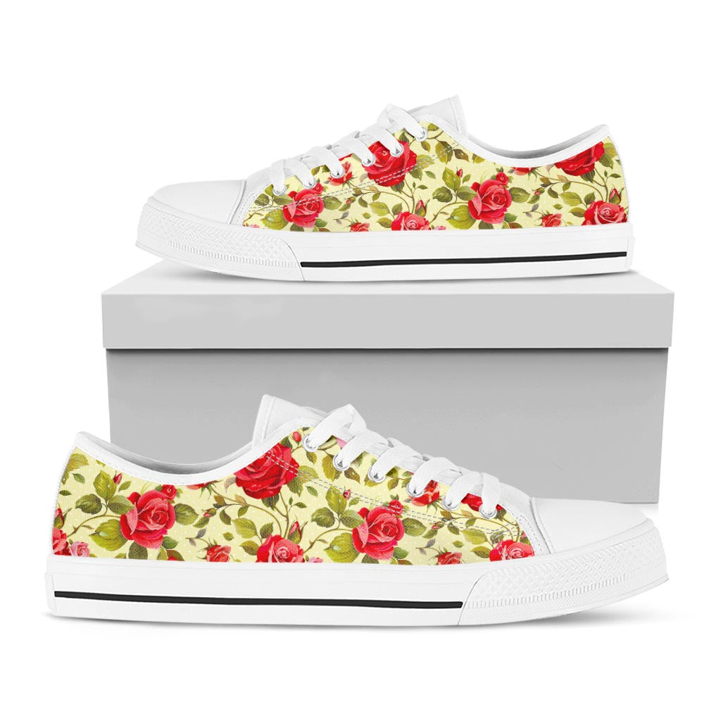 Red Pink Rose Floral Pattern Print White Low Top Sneakers