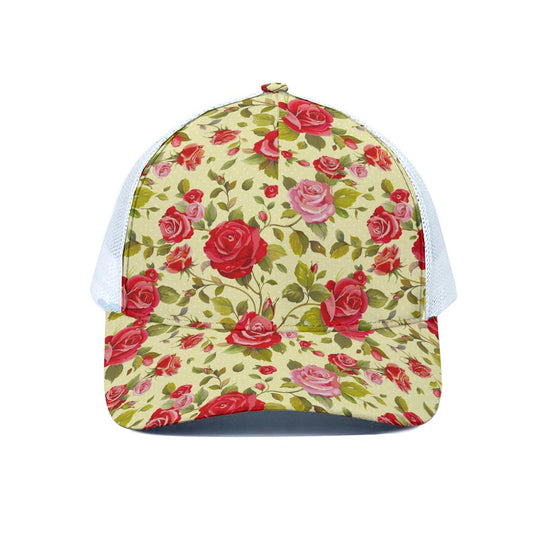 Red Pink Rose Floral Pattern Print White Mesh Trucker Cap