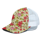 Red Pink Rose Floral Pattern Print White Mesh Trucker Cap