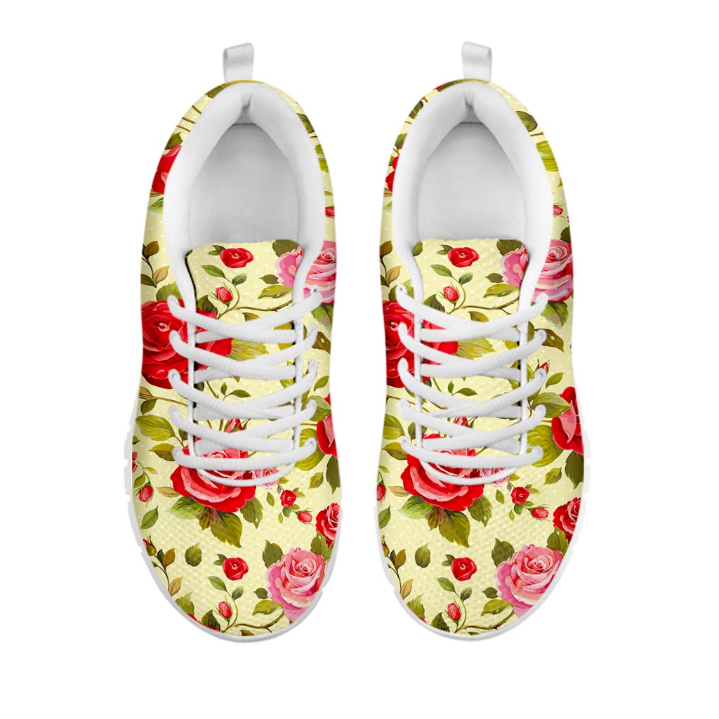 Red Pink Rose Floral Pattern Print White Running Shoes