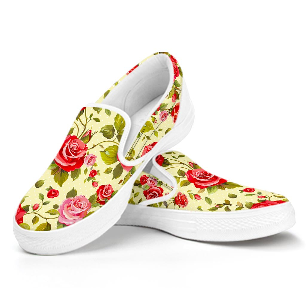 Red Pink Rose Floral Pattern Print White Slip On Sneakers