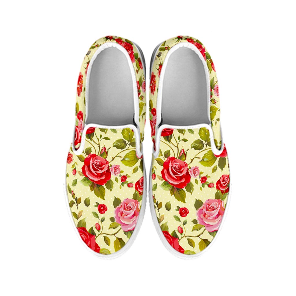 Red Pink Rose Floral Pattern Print White Slip On Sneakers