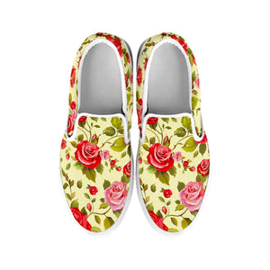 Red Pink Rose Floral Pattern Print White Slip On Sneakers