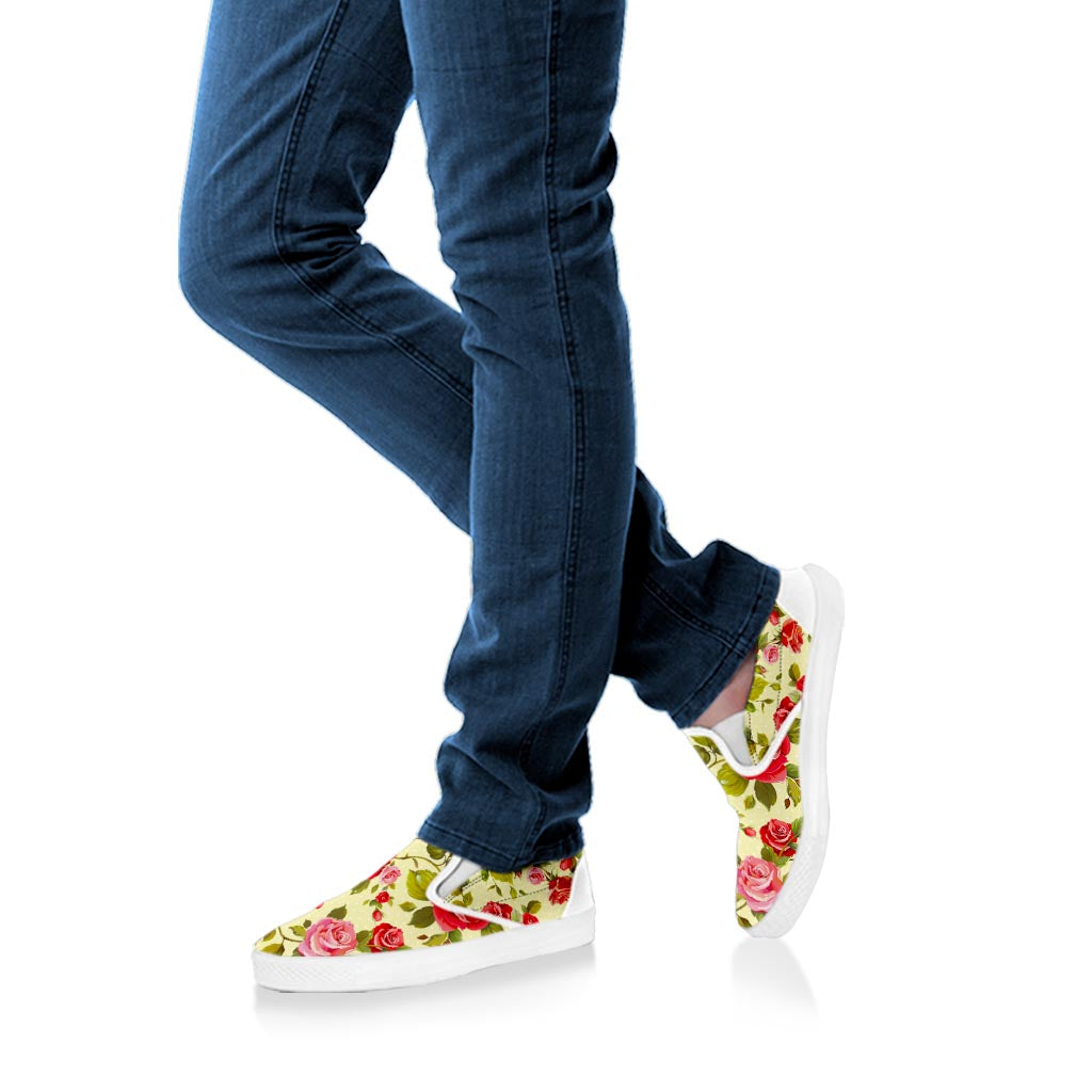 Red Pink Rose Floral Pattern Print White Slip On Sneakers