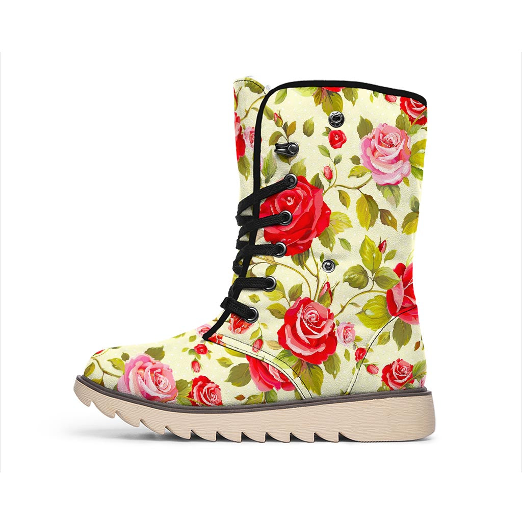 Red Pink Rose Floral Pattern Print Winter Boots